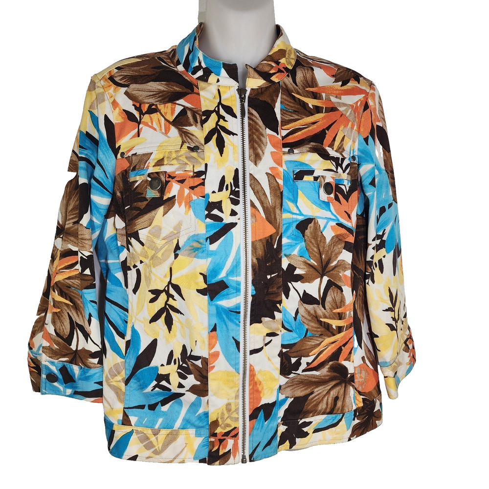 Chicos Additions Womens Denim Jacket Size 1 Medium Colorful Leaf Floral Zip Up